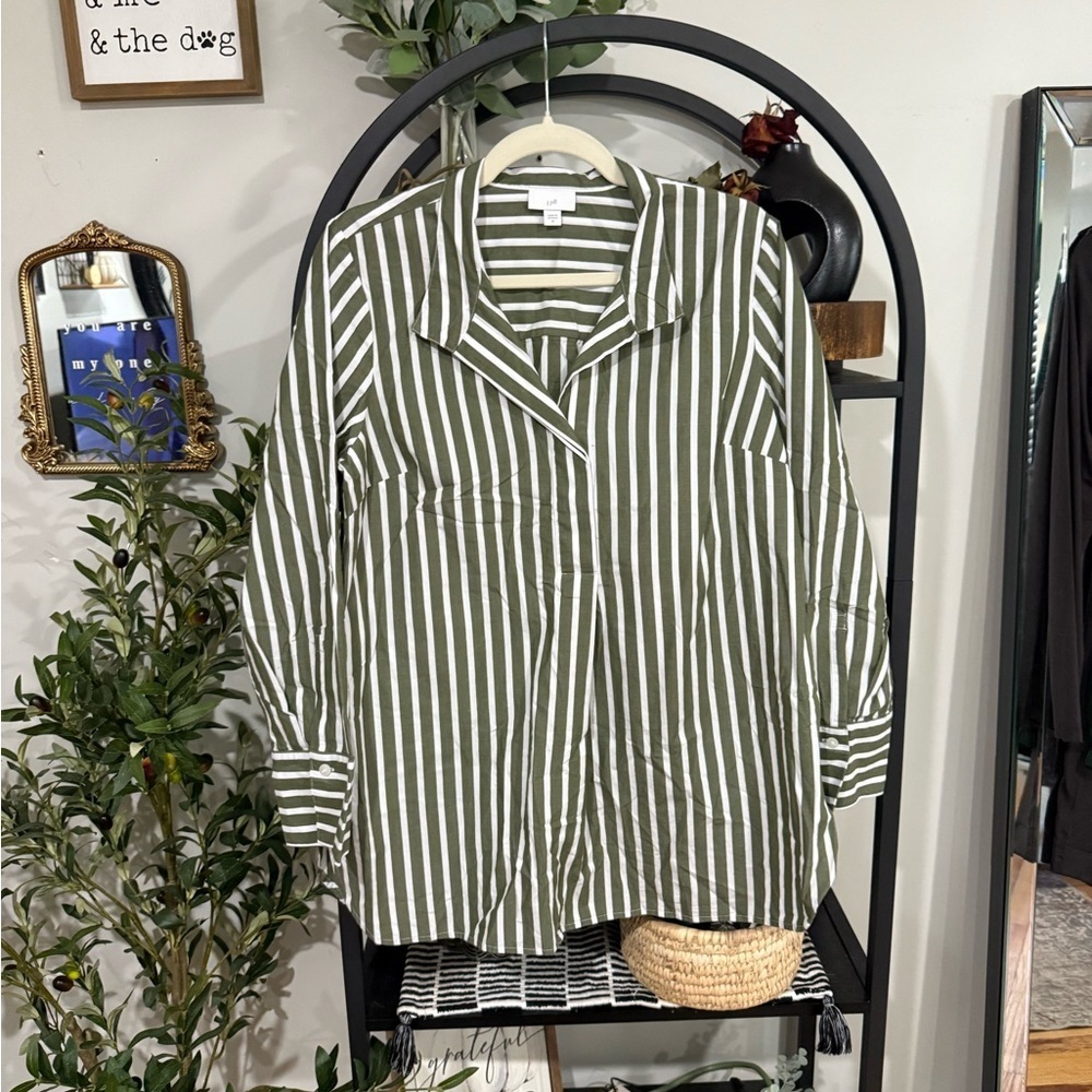 J. Jill Olive Green and White Vertical Stripe Button-Down Shirt